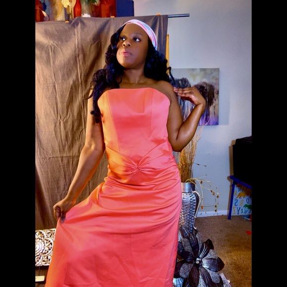 Mori Lee Strapless Dress in Vibrant Coral - Picture 1 of 5